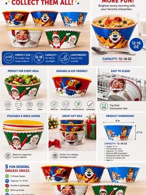 5-pack Cereal Festive Character  Bowl Set - Elf, Santa, Tony the Tiger & Friend